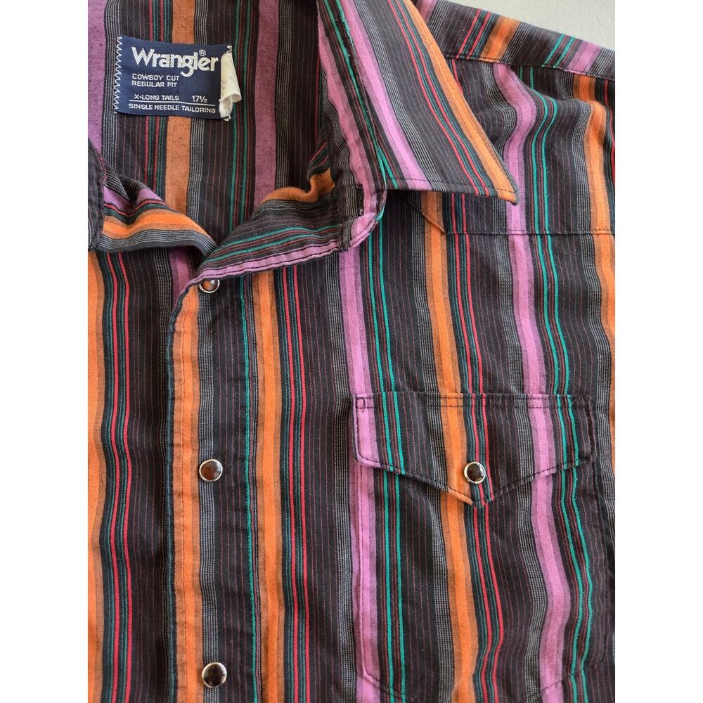 Vintage 90s Wrangler Cowboy Cut Western Shirt USA Purple Orange Stripe 17 1/2